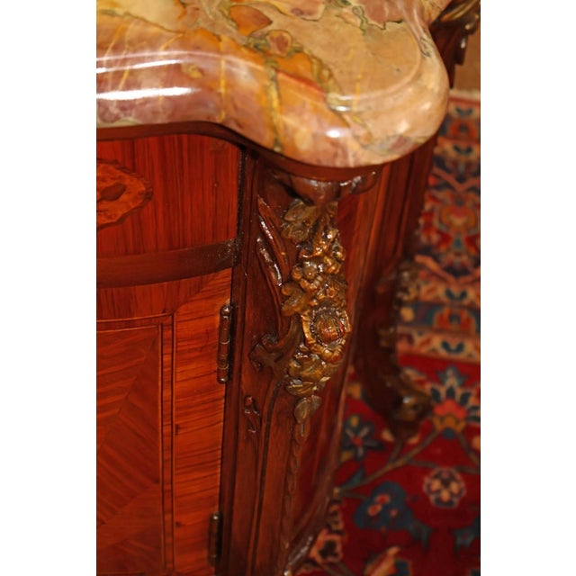 Pair of French Louis XV Style Marble Top Kingwood Inlaid End Table Nightstands For Sale - Image 18 of 18