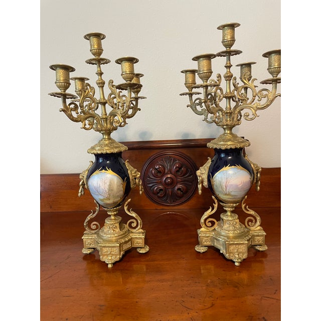 French Louis XVI style. Gold gilt Sevre's Style Cobalt Blue Candelabra Pair 19th Century. Excellent condition. Signed by...