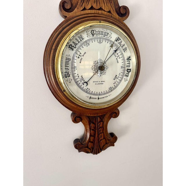 1900 - 1909 Antique Edwardian Carved Oak Aneroid Barometer by Hyde & Sons Sleaford, 1900 For Sale - Image 5 of 7