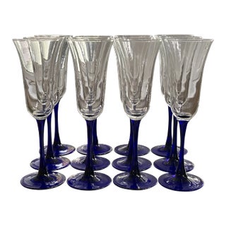 Cobalt Blue Stemmed Champagne Glasses - Set of 12 For Sale