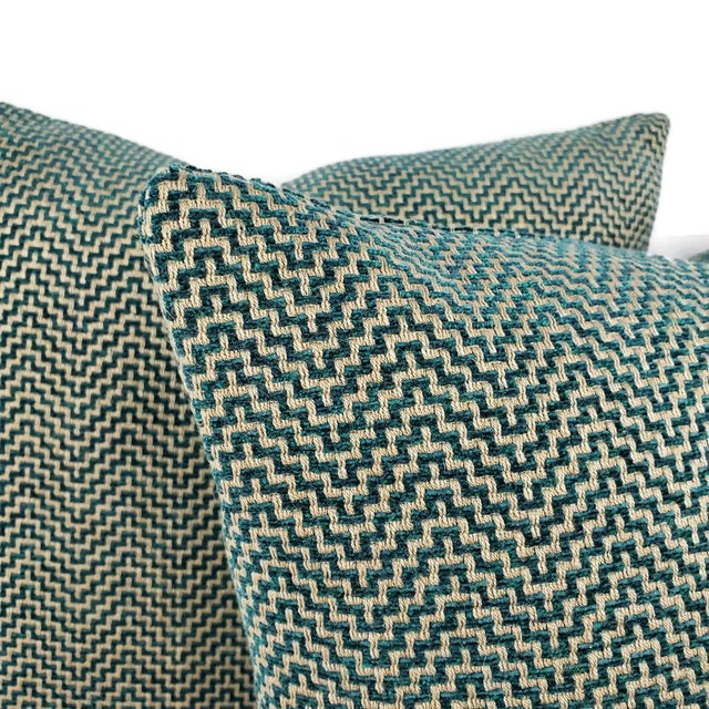 Contemporary Gp & J Baker Glanville in Teal Pillow Cover - 20" X 20" Teal and Gray Geometric Weave Cushion Case For Sale - Image 3 of 5