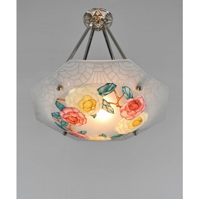 Loys Lucha French Art Deco Pendant Light 1930s - Octagonal Pink Rose Enameled Shade For Sale - Image 4 of 16