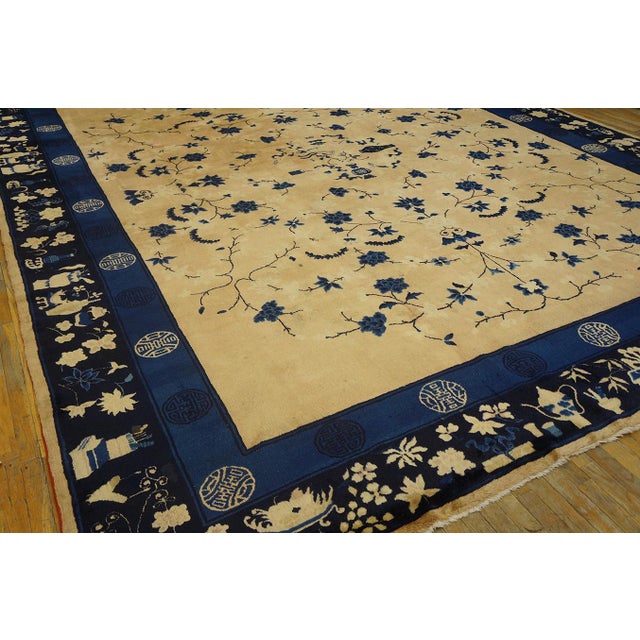 Textile 1900s Beige Background Color With Floral Design Antique Chinese Peking Rug For Sale - Image 7 of 9