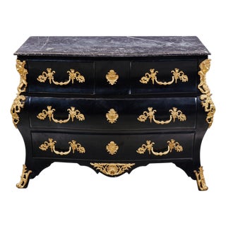 19th Century French Louis XV Ebonized Gilt-Bronze Mounted Bombé Marble-Top Chest For Sale