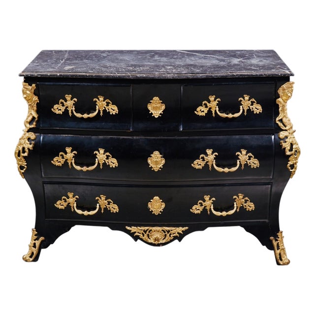 19th Century French Louis XV Ebonized Gilt-Bronze Mounted Bombé Marble-Top Chest For Sale