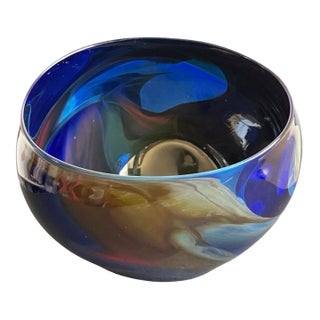 Vintage Blue Art Glass Vase Organic Bowl XL Center Piece Red Green Swirl For Sale