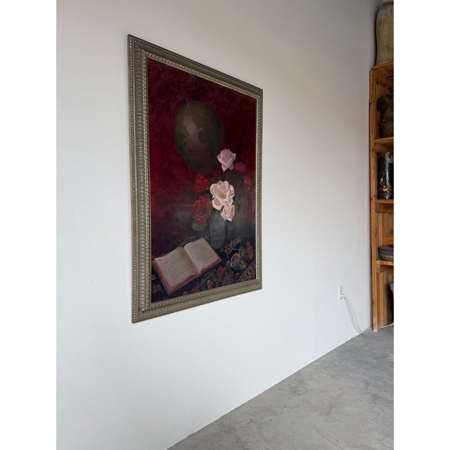 Beautiful 1980s still life oil on canvas painting by listed American artist Gary Hartenhoff. The composition features an...