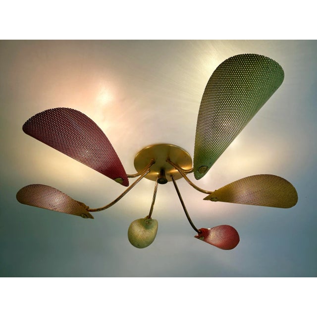 Green Mid-Century Modern Perforated Metal and Brass Ceiling Lamp by Mathieu Matégot, 1950s For Sale - Image 8 of 18