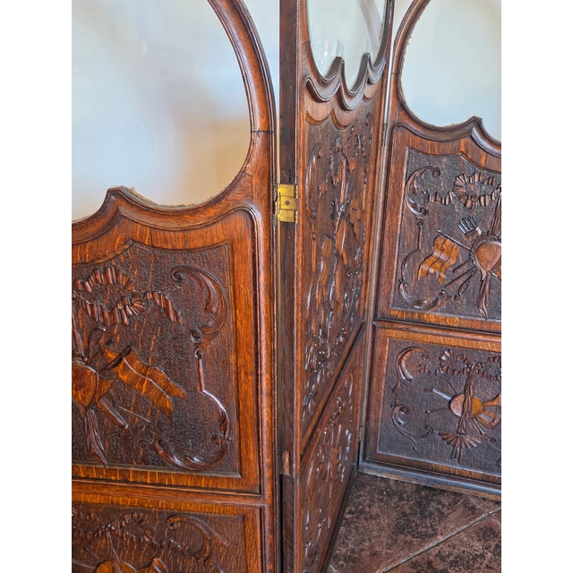 Late 19th Century Art Nouveau Three-Panel Hand Carved Oak Screen Military or Musical Dressing Screen For Sale - Image 5 of 13