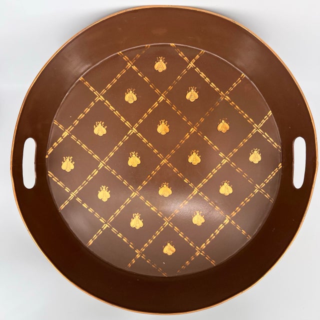 Vintage French Tole Metal Toleware Gold Napoleonic Bee Large Tray, Ottoman Tray For Sale - Image 9 of 9