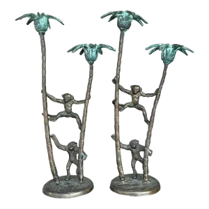 Late 20th Century Vintage Coastal Palm Tree With Monkeys Candlesticks - A Pair