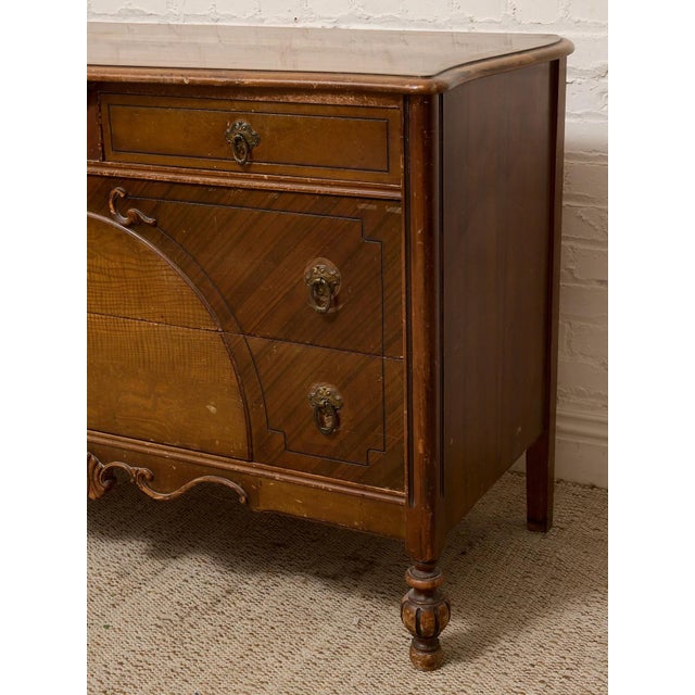 Early 20th Century Vintage Art Deco Waterfall Dresser With Decorative Inlay and Ring Pulls For Sale - Image 5 of 12