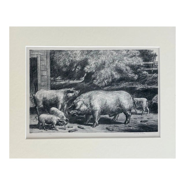 Vintage 1939 Print in 11x14 Mat: Harry Wickey,"Hogs Near A Corncrib" Frame Ready For Sale