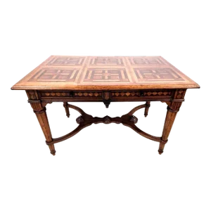 Antique Library Dining Table English 4 Drawer W Glass Top