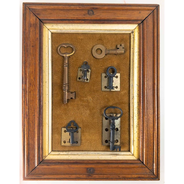 French 20th Century Assemblage of Vintage and Antique Keys in Walnut Frame For Sale - Image 3 of 12