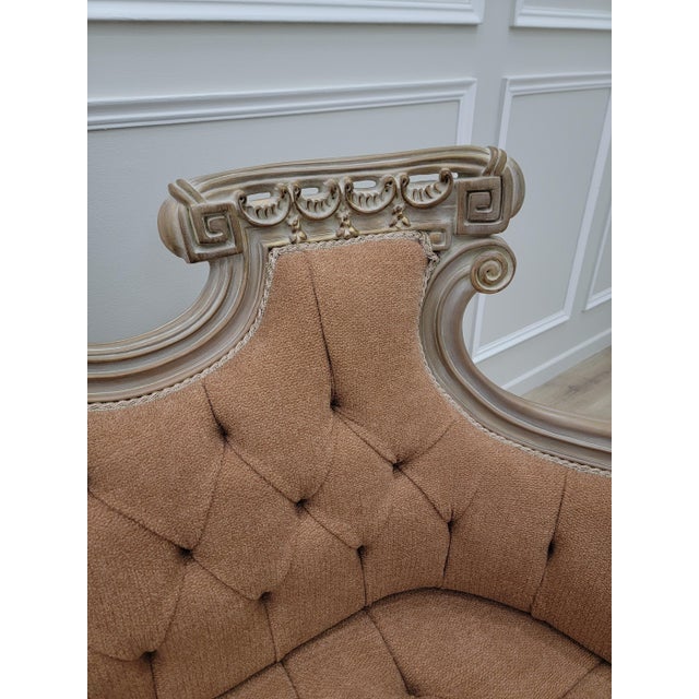 Textile Vintage French Rococo Sofa – Tufted Louis XV Style Couch in Textured Linen Fabric, Ornate Carved Wood Settee, Warm Terracotta For Sale - Image 7 of 11