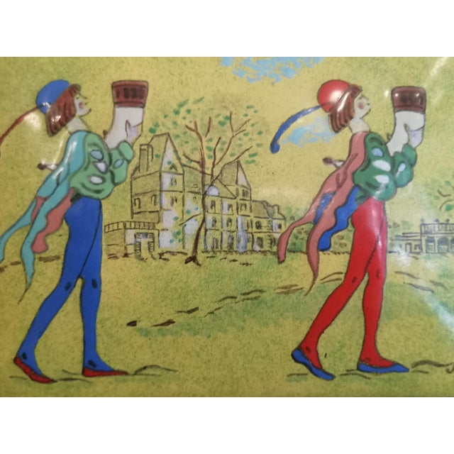 Medieval style painting Minstrel Commedia dell arte Clown Buffoon Jester Signed and framed enamel painting. Dimensions:...