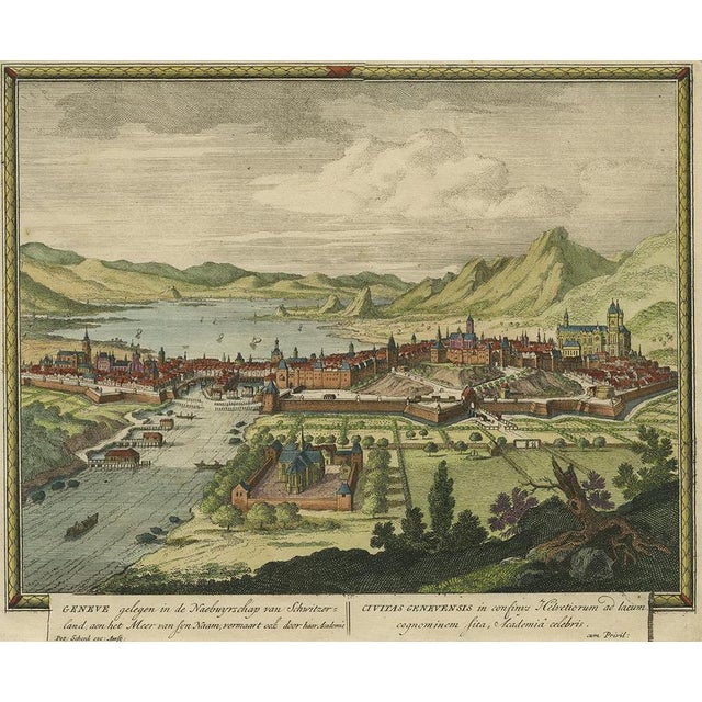 Panoramic view of Geneva, Switzerland. Engraved and published in Amsterdam by Pieter Schenk (1660 - 1718/1719). Titles in...