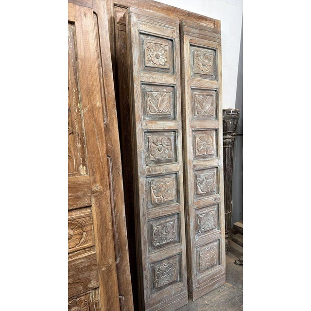 Antique Hand-Carved Floral Wood Door Panels | Pair of Vintage Barn Doors 80x29 For Sale - Image 4 of 8