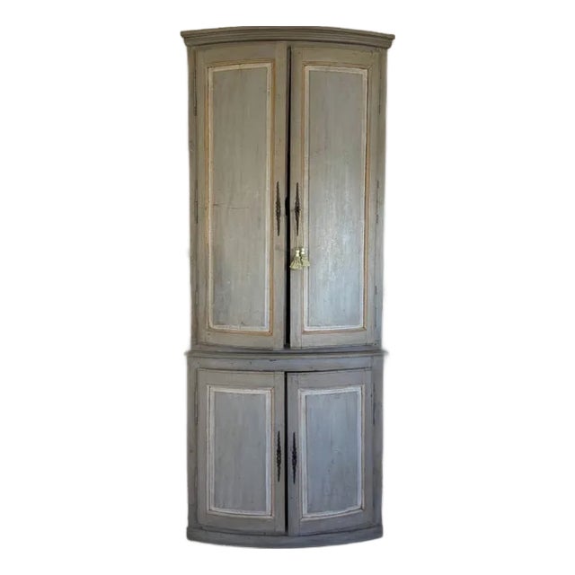 Antique French Painted Corner Cabinet, Lined in French Toile For Sale