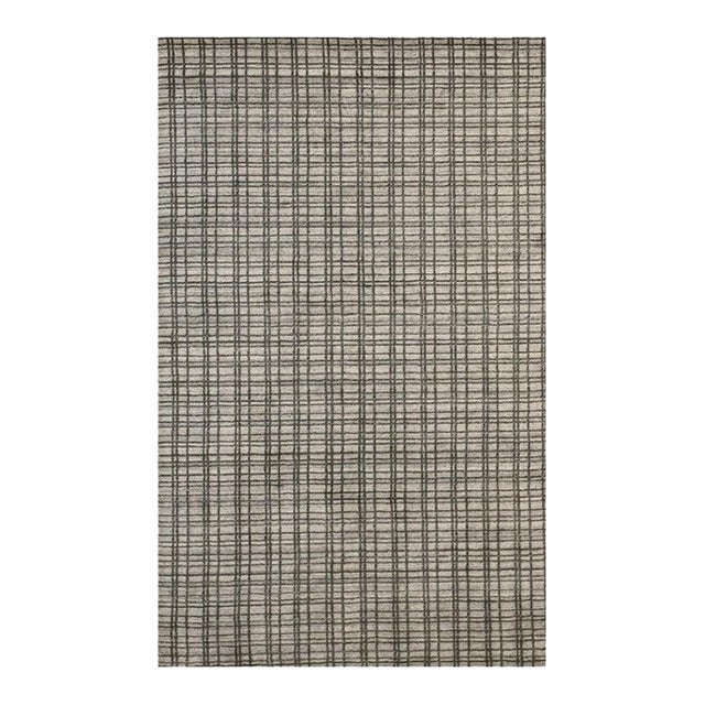 5x8 Gray Hand-Knotted Bamboo Silk Linear Grid Geometric Modern Carpet Rug For Sale