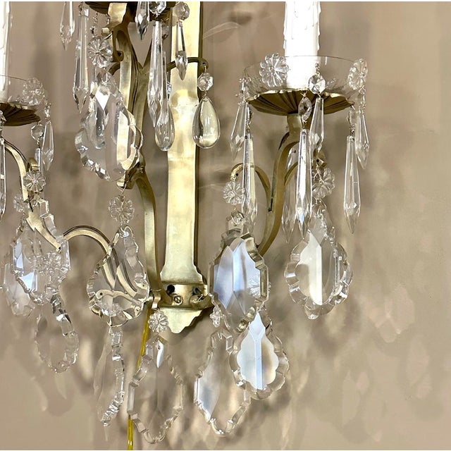 Pair of Vintage Solid Brass and Cut Crystal Wall Sconces For Sale - Image 16 of 18