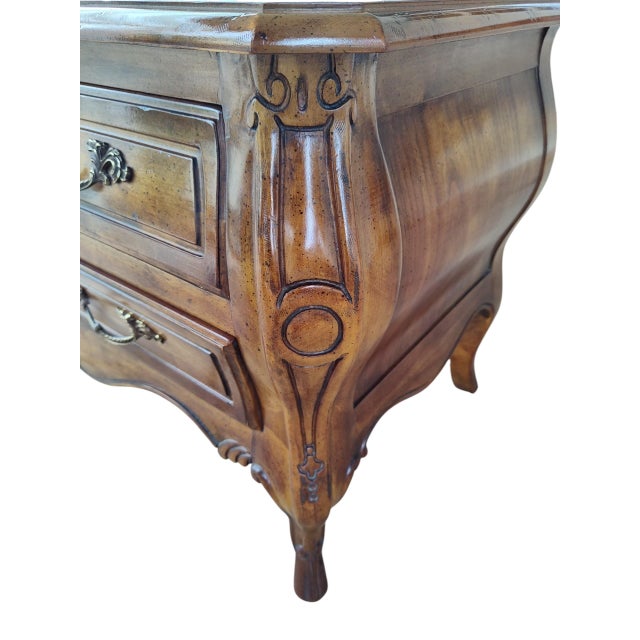 Wood Vintage Drexel Heritage French Provincial Fruitwood Bombe Bombe Low Commode Nightstand Chest For Sale - Image 7 of 13