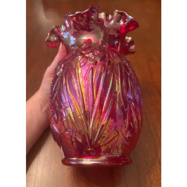 Glass Fenton Iridescent Red Cranberry Daffodil Vase For Sale - Image 7 of 10