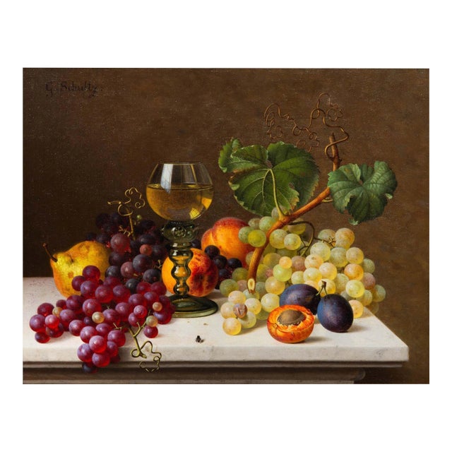 German Realist Still-Life Painting of Fruits and Wine by Gottfried Schultz For Sale
