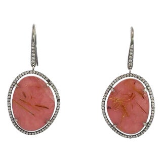 Pink Quartz Diamond 18k White Gold Hook Dangle Earrings, 2 pieces For Sale