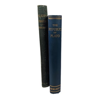 Antique Plato Phaedo 1875 & Republic 1907 Blue Green Gold Gilt Books - Pair For Sale