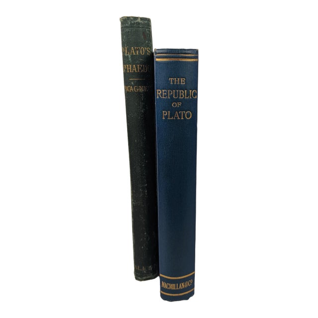 Antique Plato Phaedo 1875 & Republic 1907 Blue Green Gold Gilt Books - Pair For Sale