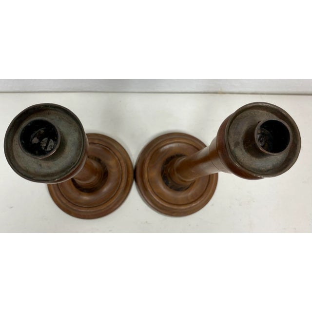 Pair of Vintage Two-Tone Wooden Candlesticks With Brass Bobeche From England. For Sale - Image 11 of 12