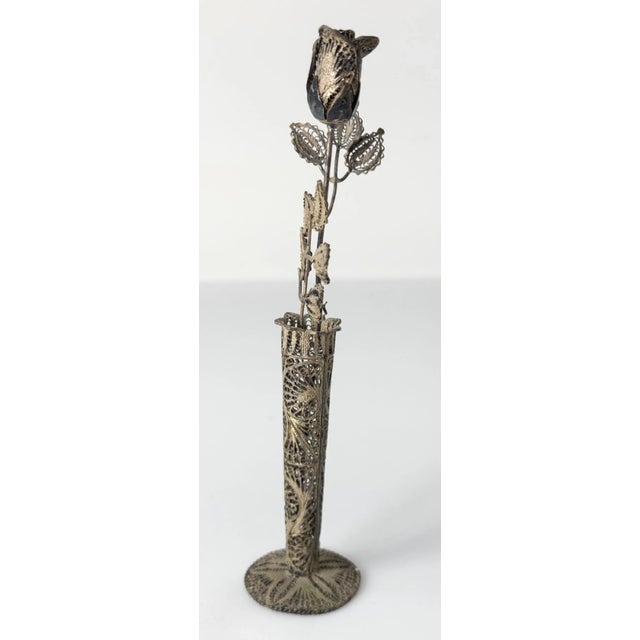 Modern Early 20th Century Sterling Silver 925 Filigree Flower Vase With Rose For Sale - Image 3 of 10