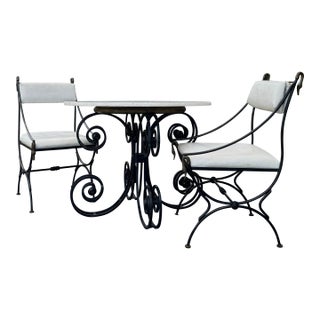 Maison Jansen–Style Vintage Iron & Brass Bistro Set With Marble Top For Sale