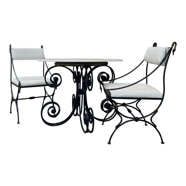 Maison Jansen–Style Vintage Iron & Brass Bistro Set With Marble Top For Sale