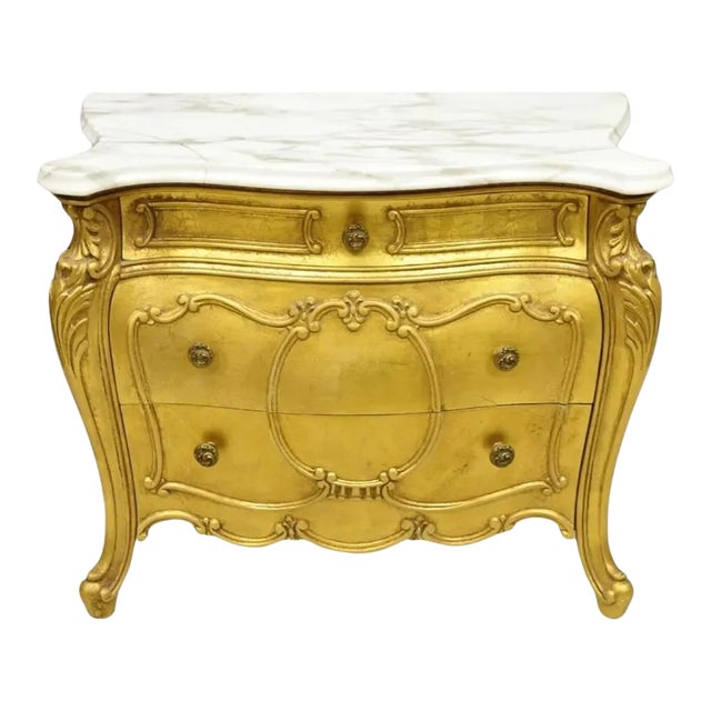 Mid 20th Century Vintage Daniel Jones French Louis XV Style Gold Bombe Marble Top Nightstand For Sale