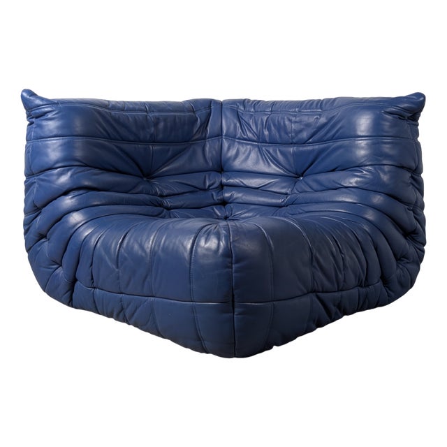 Vintage Togo Corner Sofa in French Blue Leather by Michel Ducaroy for Ligne Roset, 1980s For Sale