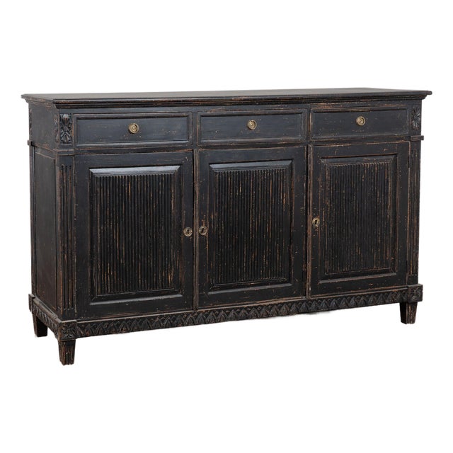 19th Century Swedish Black Painted Pine Sideboard Buffet With Fluted Carved Panels For Sale