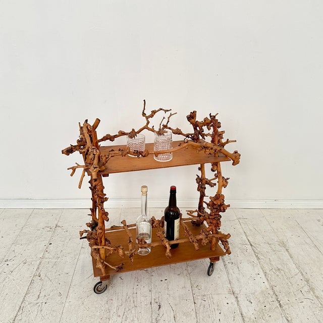 Mid-Century Bar Cart in Brown Burl, Plywood and Root Wood, 1960s For Sale - Image 9 of 14