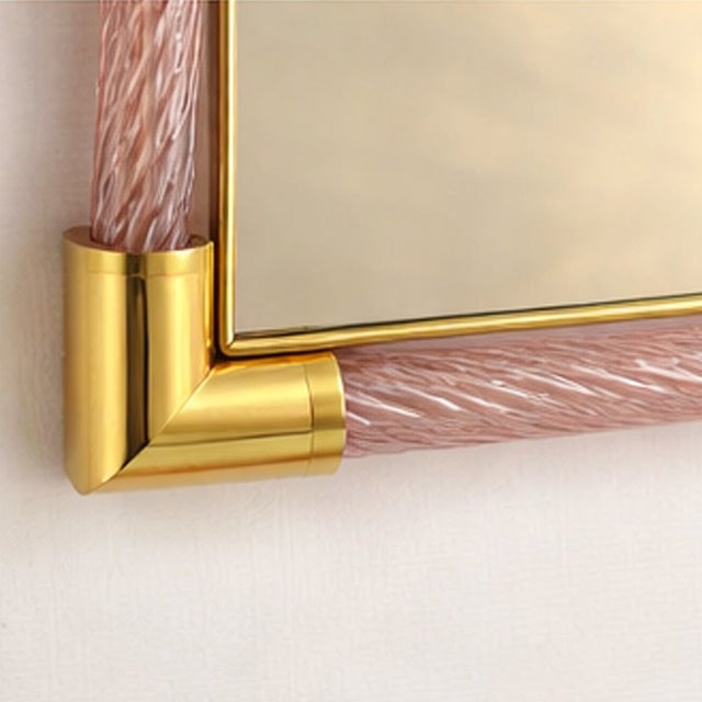 Impressive and scenographic rectangular Mirror in pink and Gold “Torchon” Torciglione Murano Glass. Exclusive design By...