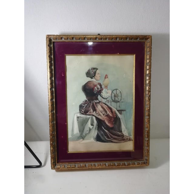 Woman Working at the Spinning Wheel, 1800s, Watercolour For Sale - Image 3 of 14