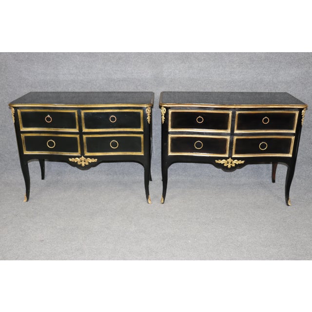 Bodart Furniture Pair Vintage Ebonized and Gilt Louis XV Style Brass Mounted Commodes by Bodart For Sale - Image 4 of 14