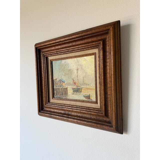 1960s Vintage Coastal Harbor & Lighthouse Oil Painting on Plywood – Framed For Sale - Image 4 of 13