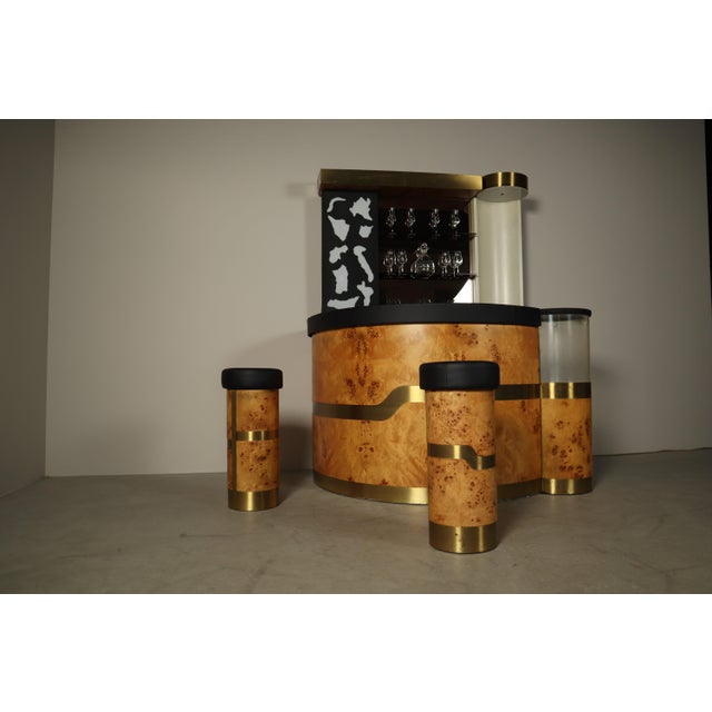 Italian Burl Wood Cocktail Bar with Illuminated Back and Stools, 1970s, Set of 3 For Sale - Image 14 of 18