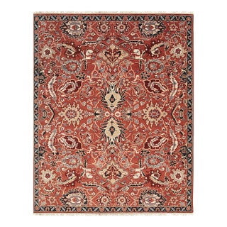 6x9 Lush Rustic Coral Traditional Geometric Hand Knotted Wool Carpet Rug For Sale