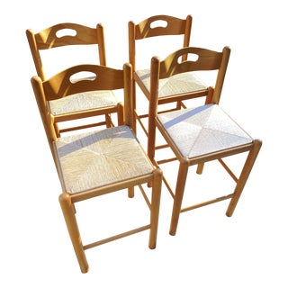 Vintage Rush Seat Counter Height Bar Stools For Sale