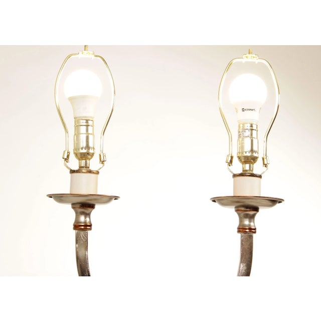 Beige 1990s Neoclassical Style Chrome Two-Light Table Lamps (F) - A Pair For Sale - Image 8 of 13