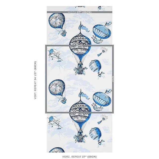 With ornate, painterly hot-air balloons hovering in front of a loose, cloud backdrop, Balloons is a transporting blue...