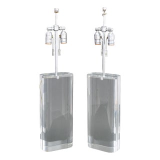Modern Clear Acrylic and Chrome Table Lamps, Pair For Sale